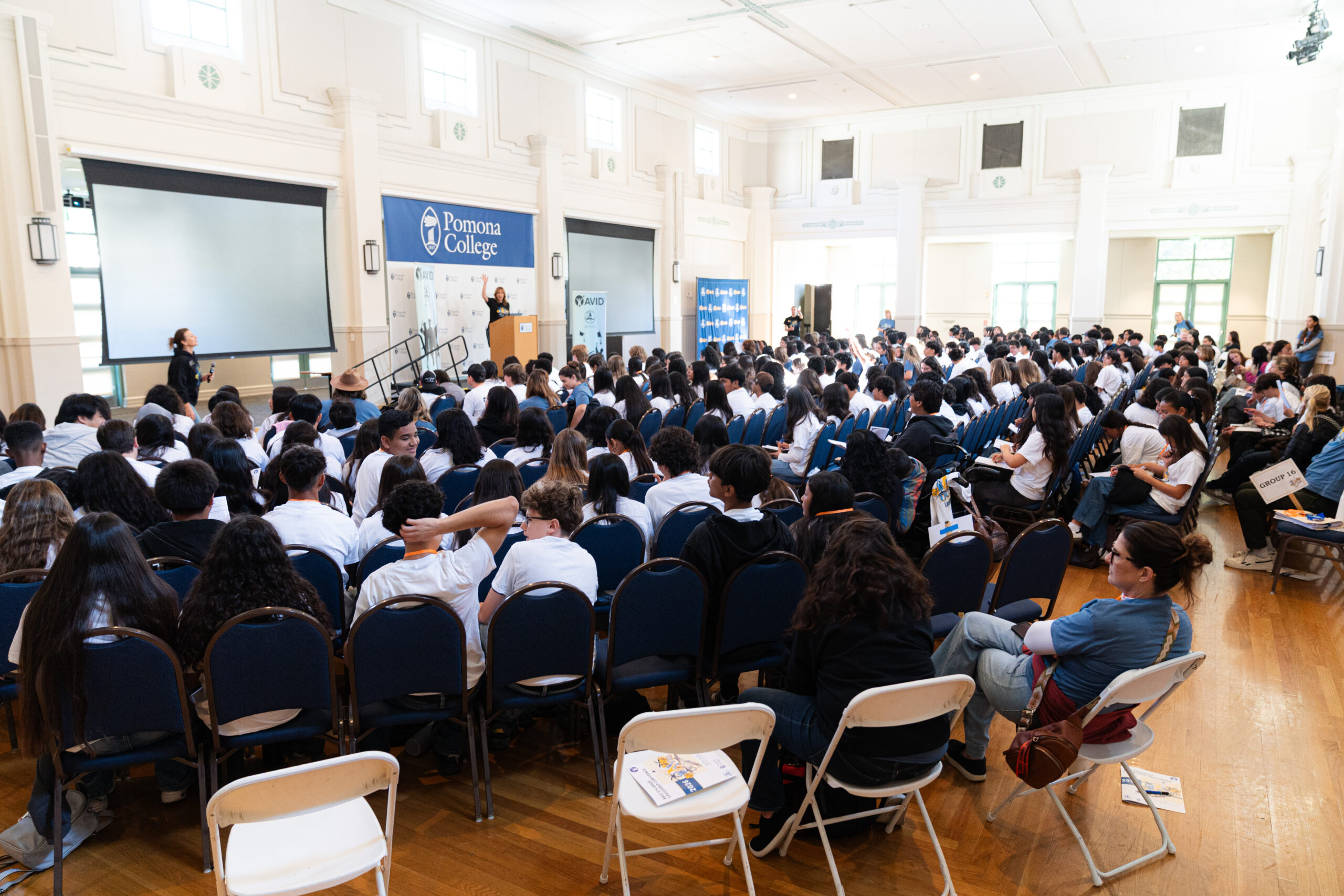 Denise Harshman, coordinator of advancing learning for the Orange County Department of Education, speaks to students in Edmunds Ballroom at Pomona College.