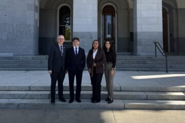 Coastline ROP Superintendent Brian Dozer, left, stands with Laguna Hills High School student Reece Ayala, Estancia High School student Rosselyn Ruiz and Coastline ROP Educational Services Administrator Gina Escobar on the steps of the California State Capitol in Sacramento.