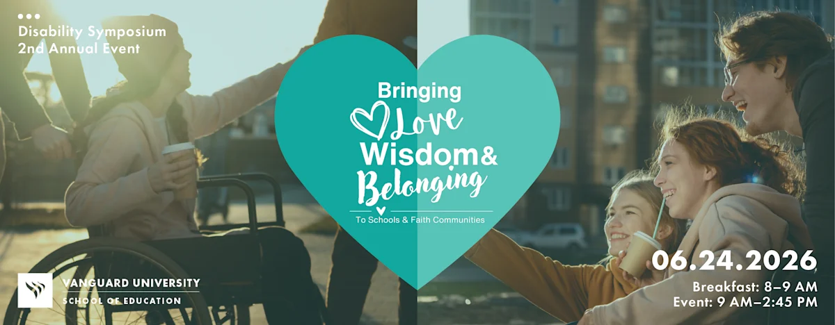 Promotional graphic for the second annual Disability Symposium featuring the theme “Bringing Love, Wisdom and Belonging to School and Faith Communities,” with event details and imagery of people connecting in an outdoor setting.