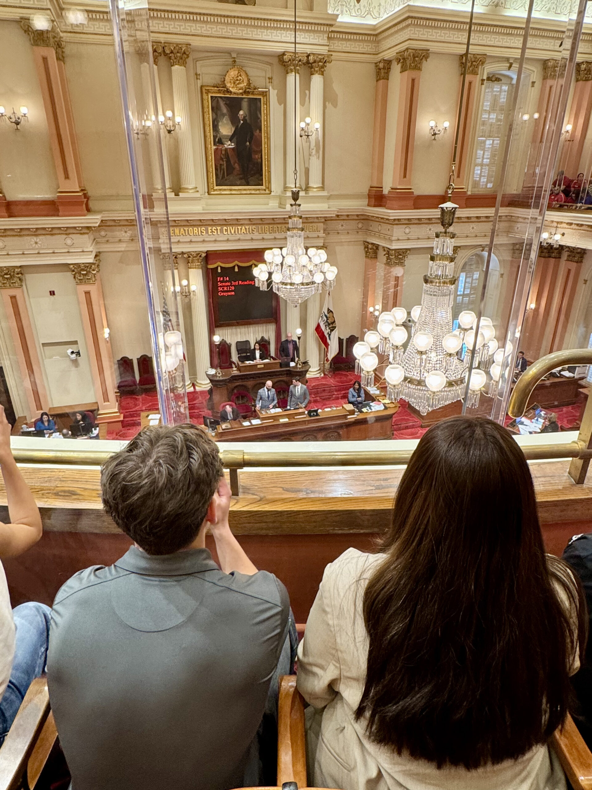 Laguna Hills High School student Reece Ayala, left, and Estancia High School student Rosselyn Ruiz observe proceedings from the gallery inside the California State Capitol during Coastline ROP’s Legislative Action Day in Sacramento.