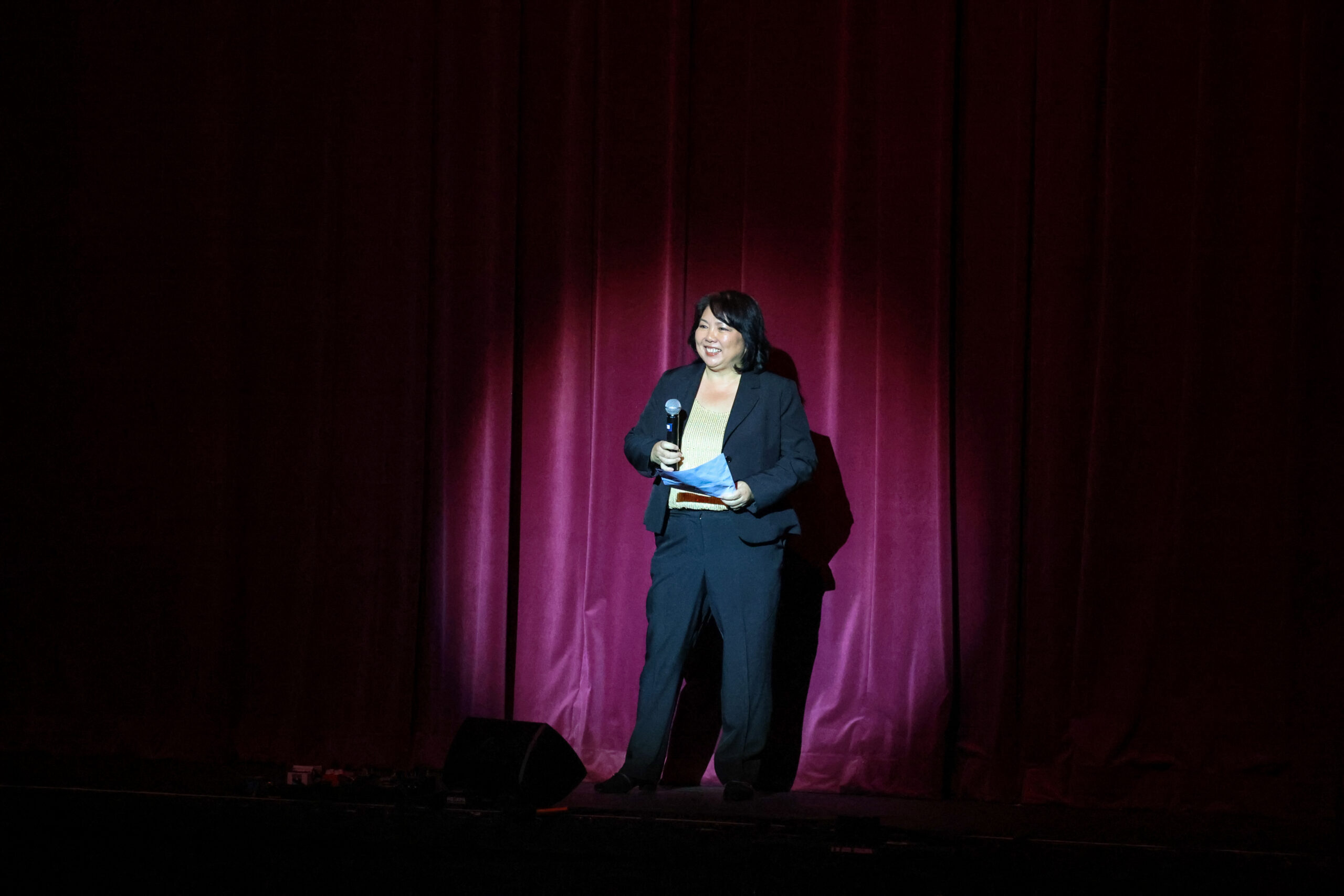 Huntington Beach Union High School District Superintendent Carolee Ogata addresses attendees during a 100th anniversary celebration of the district’s auditorium April 20.