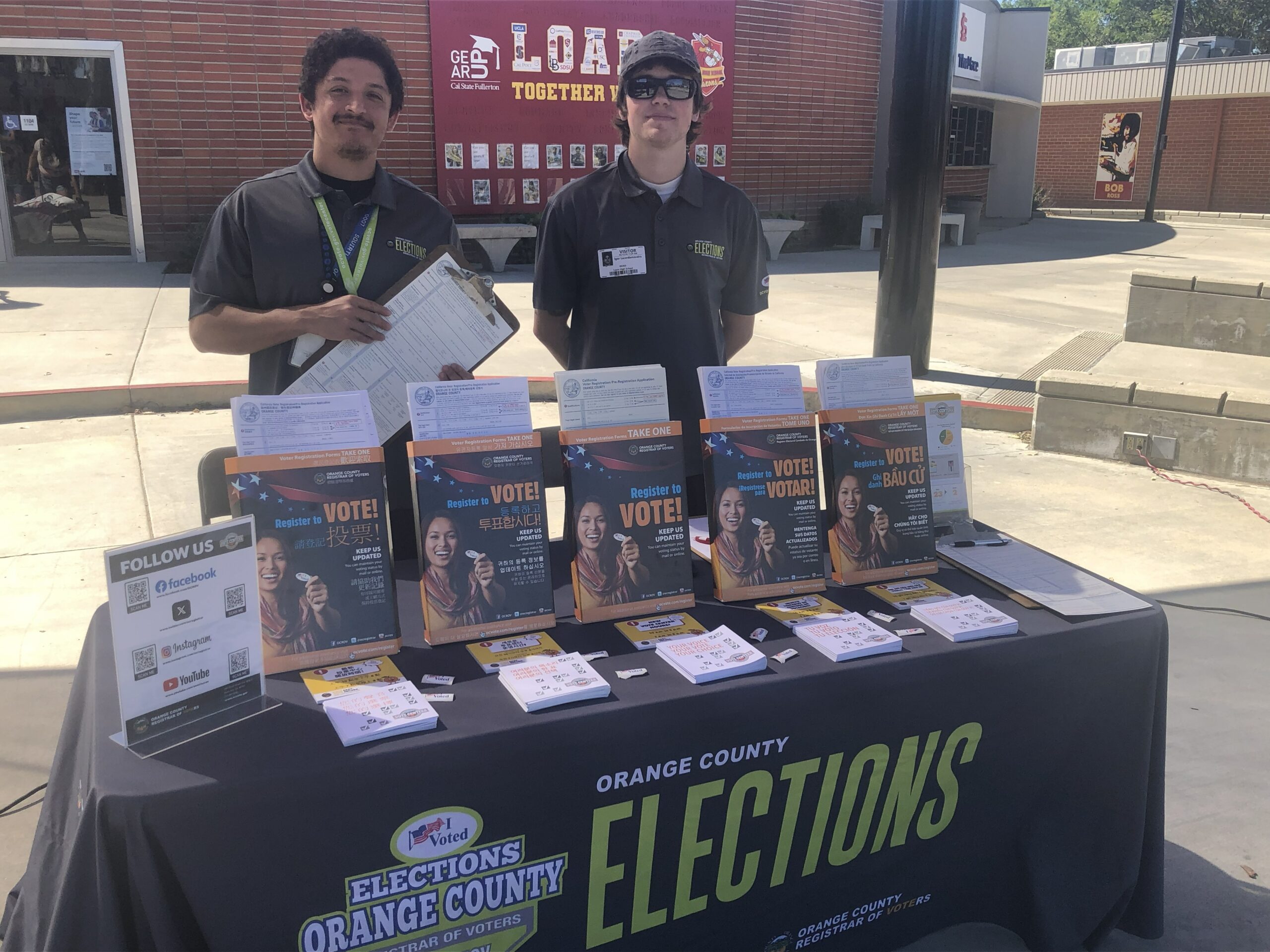 Representatives from the Orange County Registrar of Voters host a voter education booth at Loara High School in the Anaheim Union High School District on March 12. 