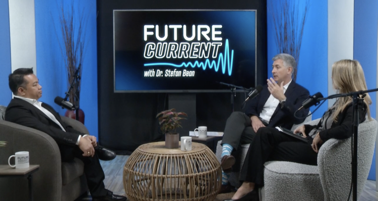 County Superintendent Dr. Stefan Bean speaks with Segerstrom Center for the Arts President and CEO Casey Reitz and educator Lainie Rowell during a FutureCurrent podcast recording.