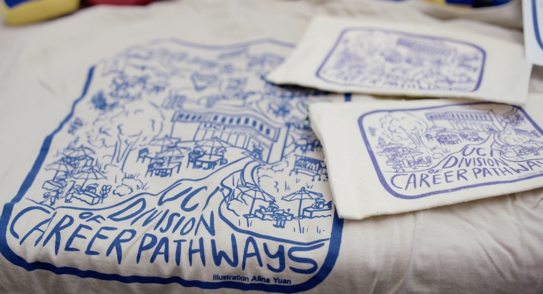 A digital illustration created by UC Irvine student apprentice Alina Yuan for the Division of Career Pathways is displayed. The design has been featured on posters and apparel across campus.