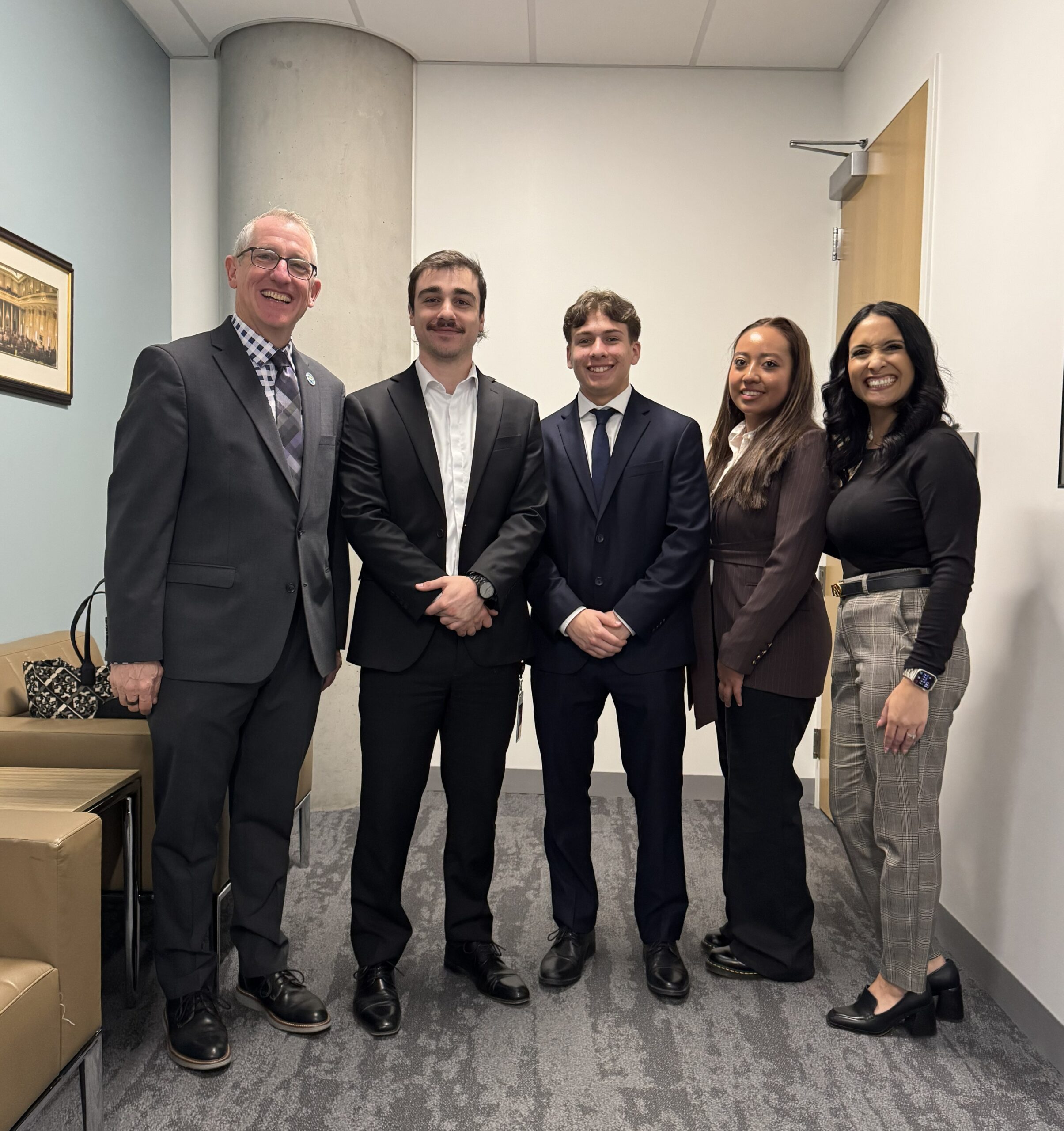 Coastline ROP Superintendent Brian Dozer, left, Laguna Hills High School student Reece Ayala, Estancia High School student Rosselyn Ruiz and Coastline ROP Educational Services Administrator Gina Escobar meet with legislative staff in Sen. Tony Strickland’s office during a visit to the State Capitol in Sacramento.