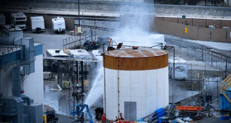 An aerial view shows emergency crews cooling a large industrial storage tank with water at the site of the Garden Grove chemical leak as mist rises from the facility.
