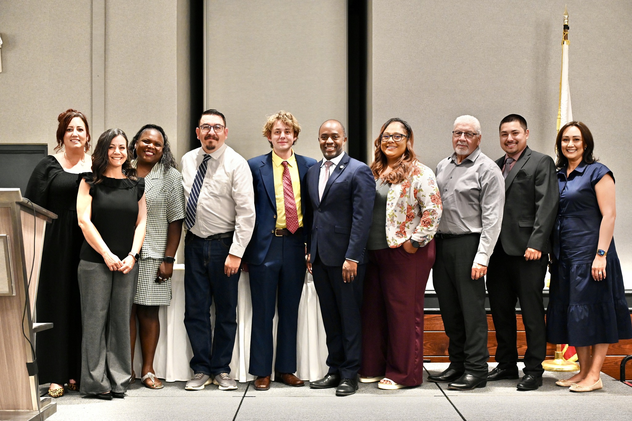 State Superintendent of Public Instruction Tony Thurmond poses for a photo with California’s 2026 Classified School Employees of the Year during a recognition ceremony May 20 in Sacramento.