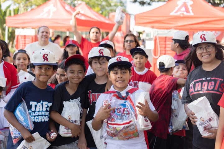 Students participating in the OC GRIP program gather at Angel Stadium before the Los Angeles Angels’ May 19 game against the Oakland Athletics.