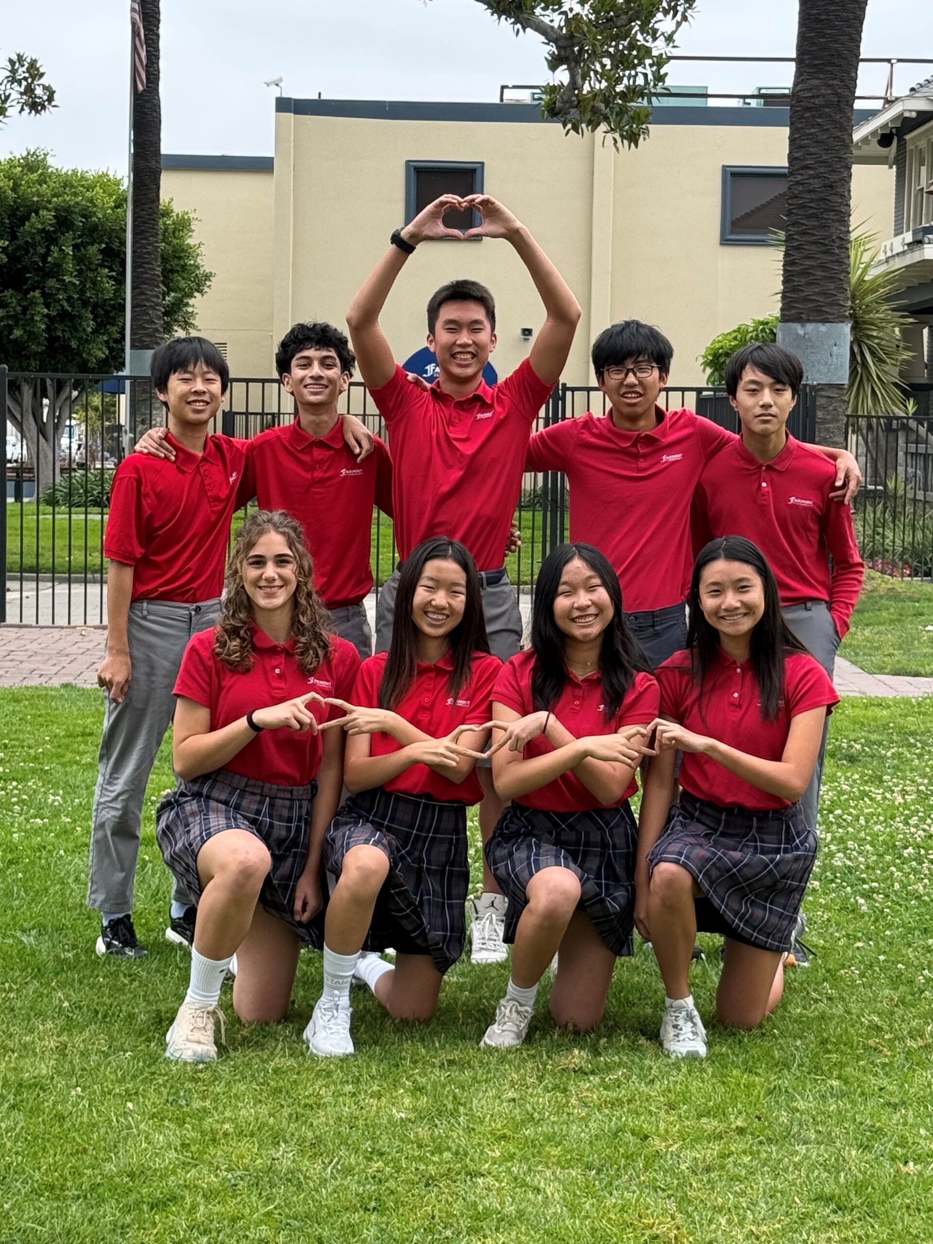 Students from Fairmont Schools’ Historic Anaheim campus pose for a photo ahead of the 2026 United States Academic Pentathlon National Finals.