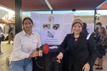 Saddleback Valley Unified School District students Deepali Srinivas and Gianella Rodriguez showcase their honored project, "ShamPOOCH-inator" at the OcMaker Meet the Maker event Feb. 27.