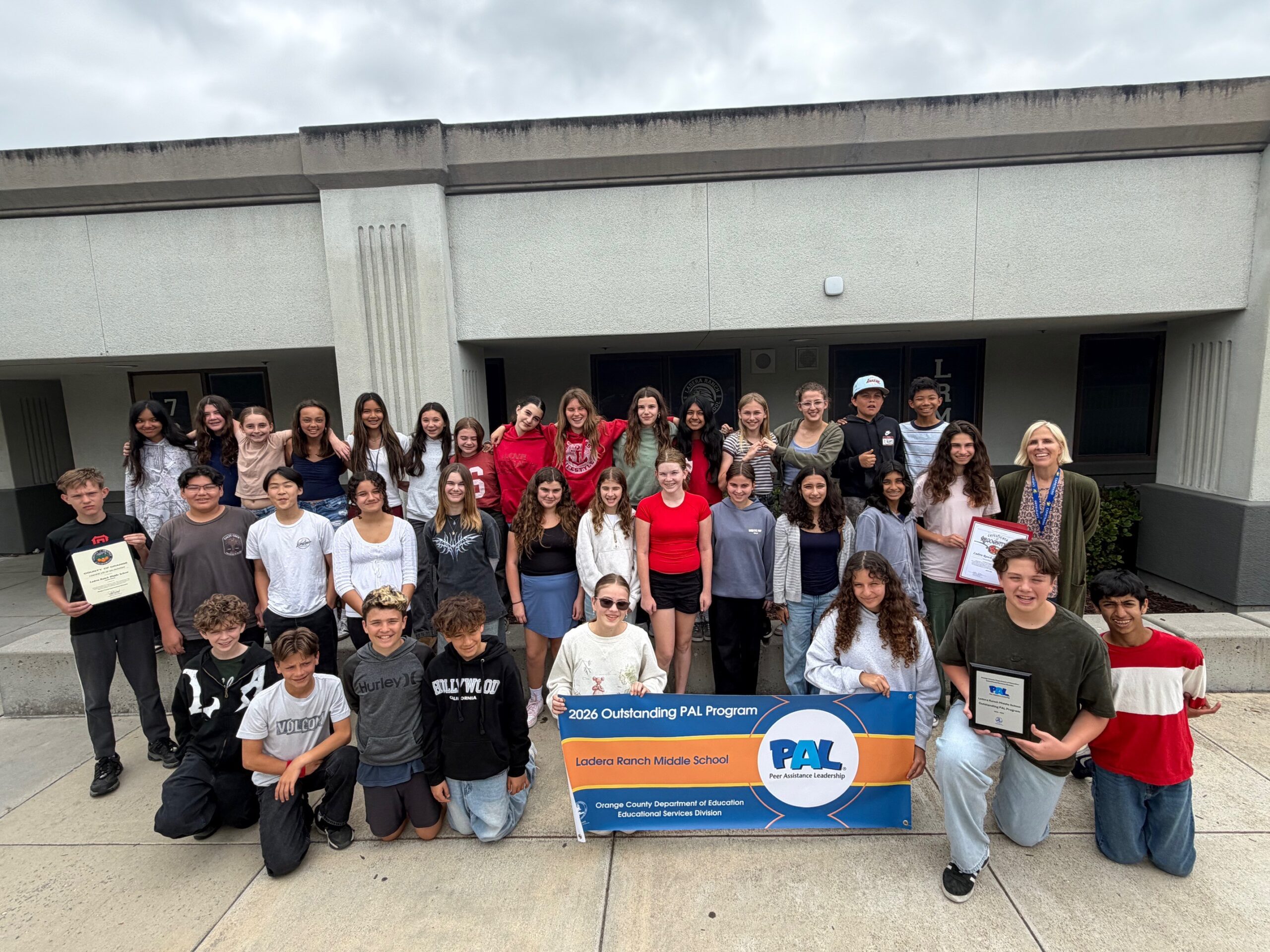 Students and staff from Ladera Ranch Middle School in the Capistrano Unified School District are recognized with a 2025-26 Outstanding PAL Program Award from the Orange County Department of Education.