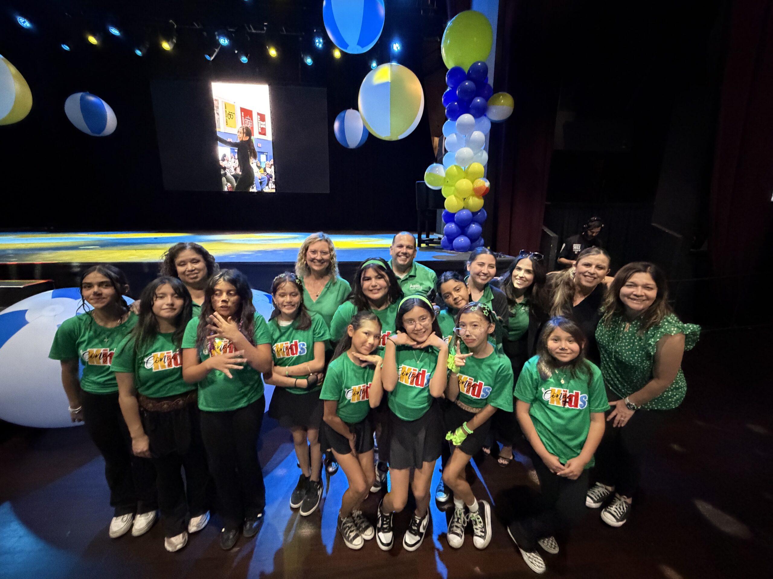 Fifth-grade students and staff from Loara Elementary School in the Anaheim Elementary School District pose for a photo during the 2026 Conga Kids Dance Championship at The Novo at L.A. Live in Los Angeles on May 7.