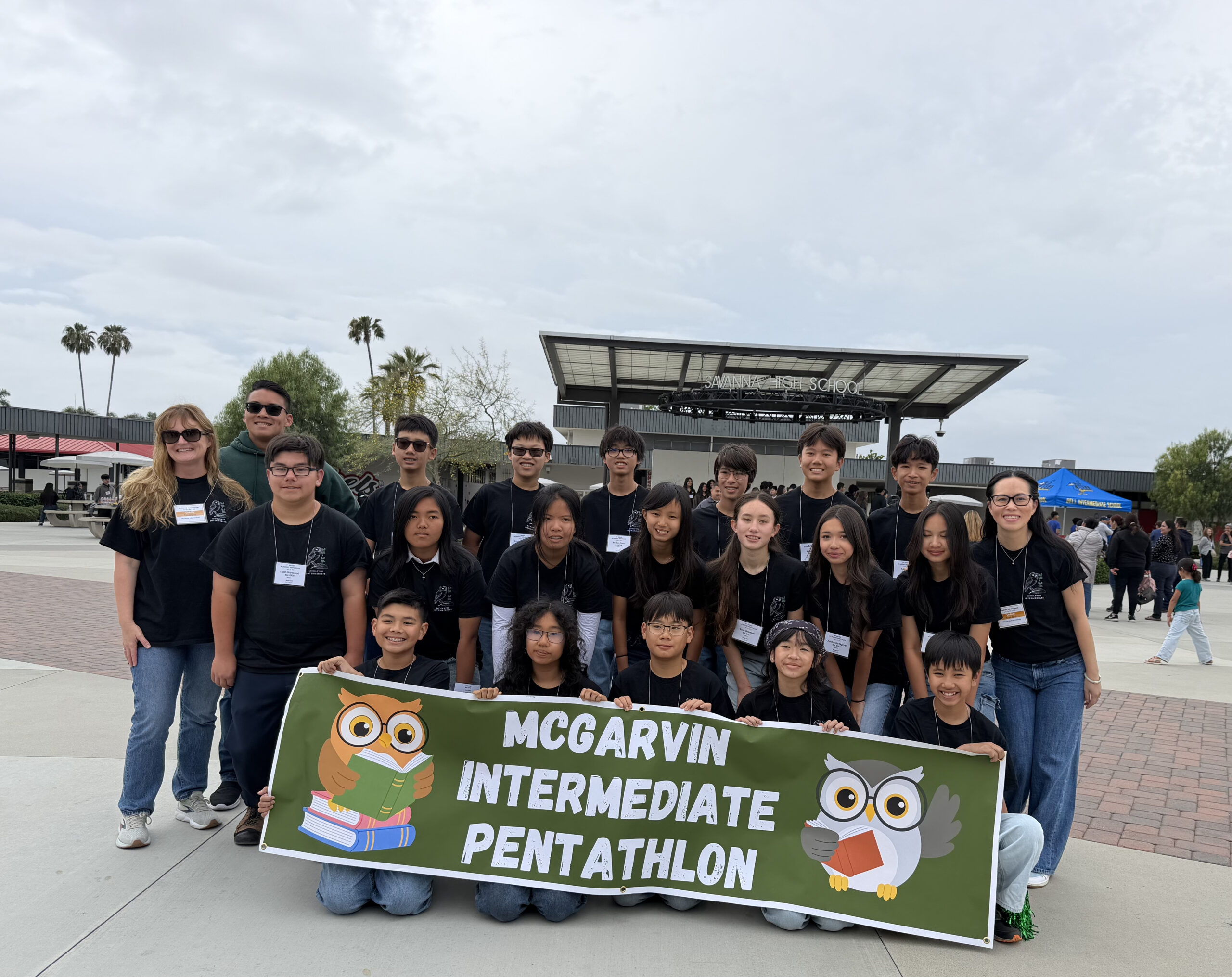 Students and coaches from McGarvin Intermediate School in the Garden Grove Unified School District pose for a photo during the 2026 Orange County Academic Pentathlon competition at Savanna High School.