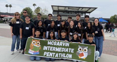 Students and coaches from McGarvin Intermediate School in the Garden Grove Unified School District pose for a photo during the 2026 Orange County Academic Pentathlon competition at Savanna High School.