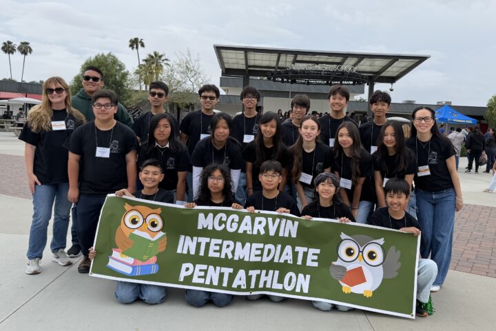 Students and coaches from McGarvin Intermediate School in the Garden Grove Unified School District pose for a photo during the 2026 Orange County Academic Pentathlon competition at Savanna High School.