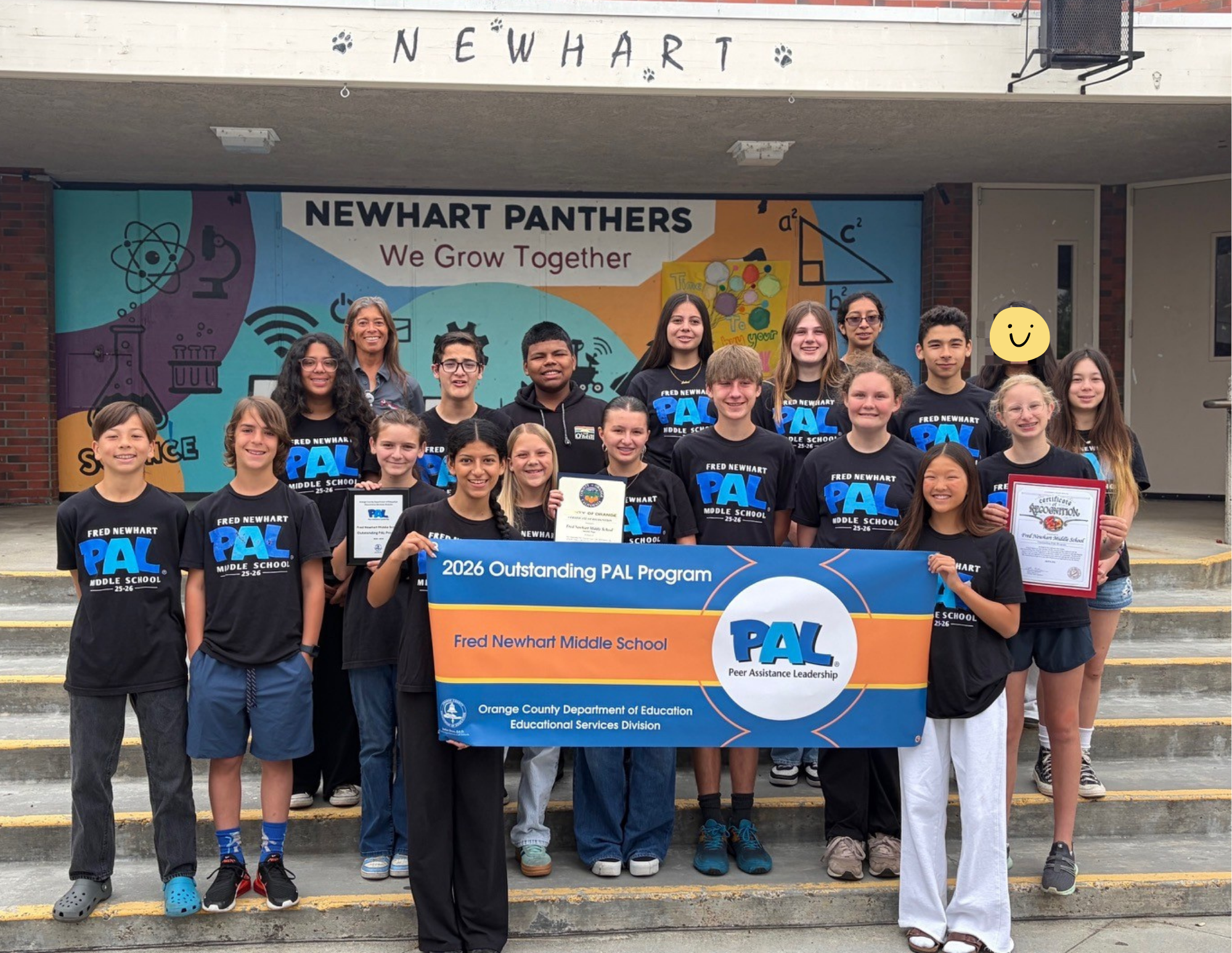 Students and staff from Fred Newhart Middle School in the Capistrano Unified School District celebrate after receiving a 2025-26 Outstanding PAL Program Award from the Orange County Department of Education.