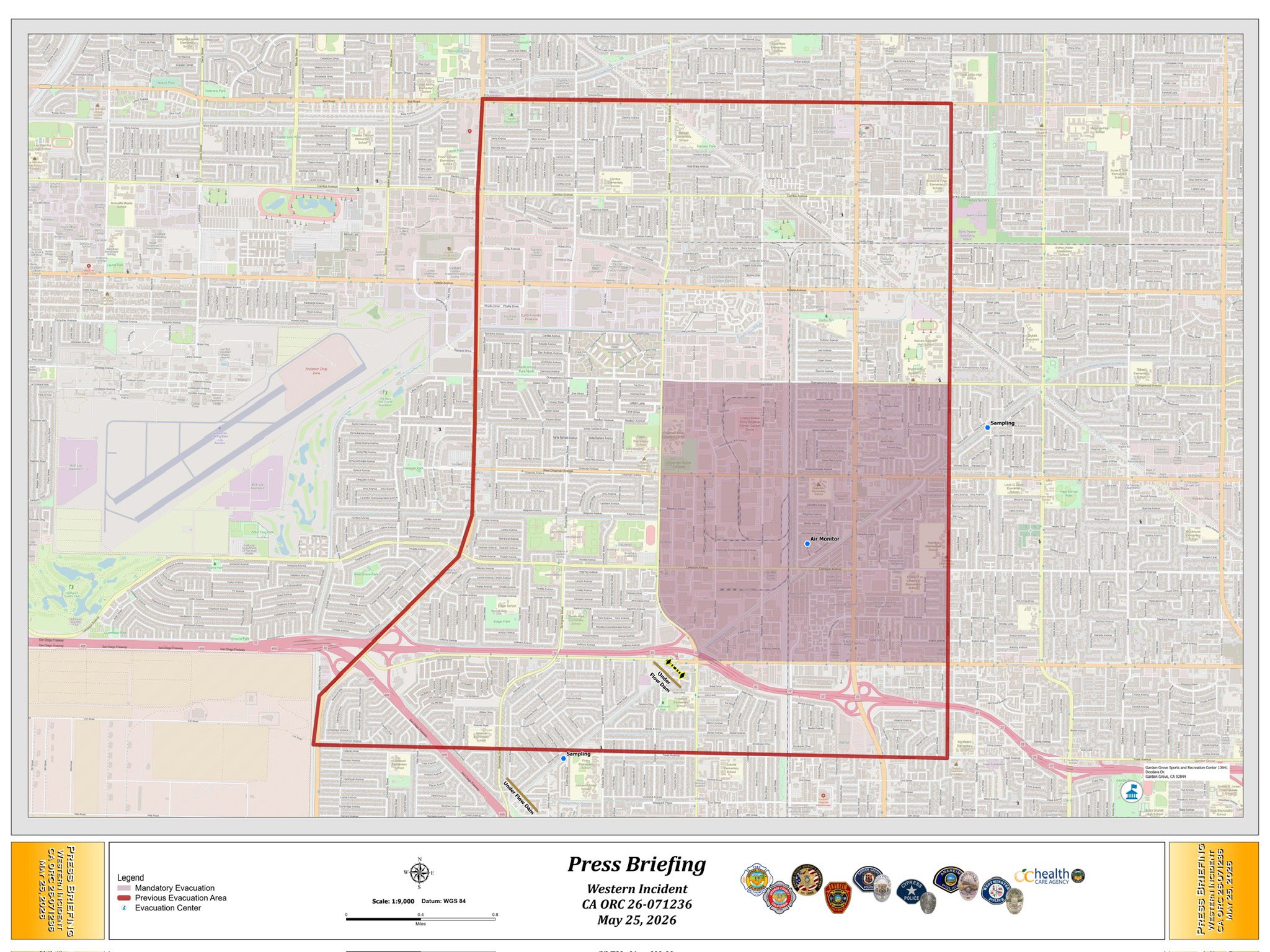 Map released by the Orange County Fire Authority on May 25, 2026, showing the reduced mandatory evacuation zone tied to the Garden Grove hazardous materials incident. The shaded red area represents the current evacuation zone, while the larger red outline shows the previous evacuation area surrounding the GKN Aerospace facility near Western Avenue and the 22 Freeway.