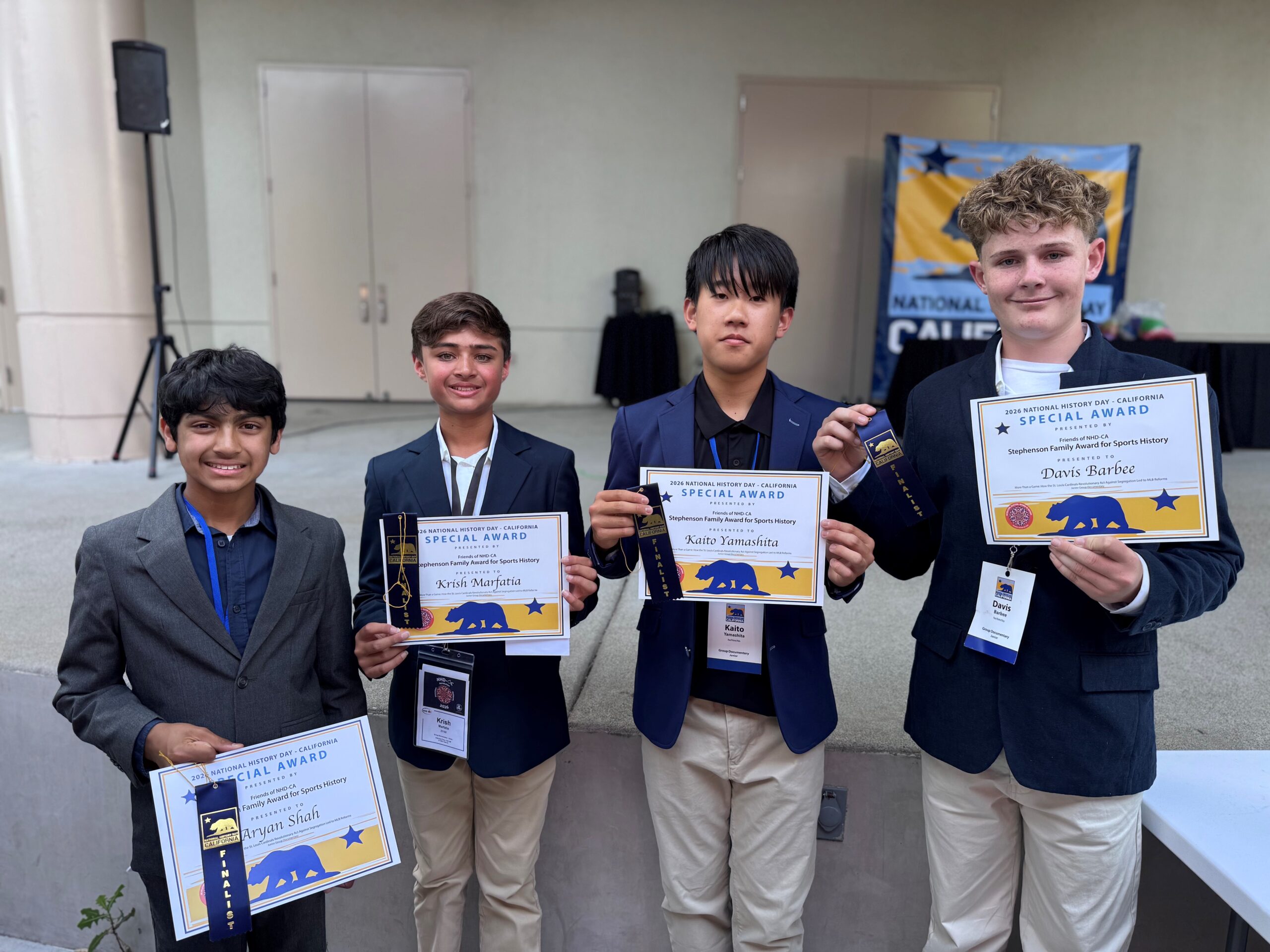 Sierra Vista Middle School students Aryan Shah, Krish Marfatia, Kaito Yamashita and Davis Barbee win the Stephenson Family Award for Sports History at the NHD-CA contest earlier this month.