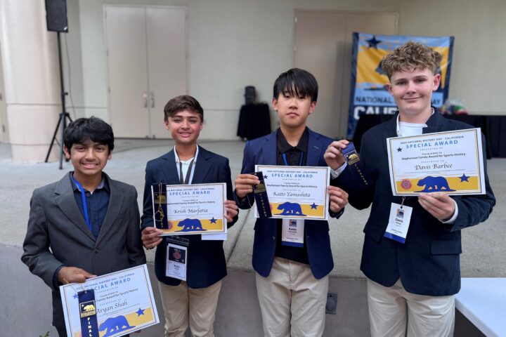 Sierra Vista Middle School students Aryan Shah, Krish Marfatia, Kaito Yamashita and Davis Barbee win the Stephenson Family Award for Sports History at the NHD-CA contest earlier this month.