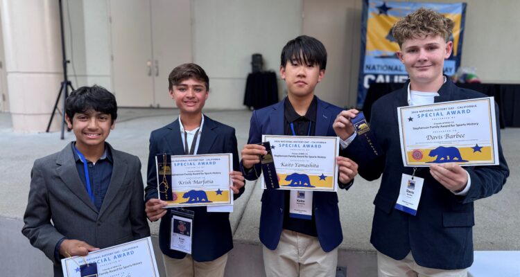Sierra Vista Middle School students Aryan Shah, Krish Marfatia, Kaito Yamashita and Davis Barbee win the Stephenson Family Award for Sports History at the NHD-CA contest earlier this month.