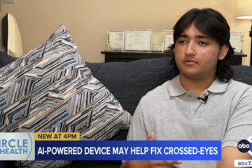 Oxford Academy eighth-grader Aaryan Balani explains how his AI-powered invention helps treat people with intermittent strabismus. (Courtesy of ABC7)