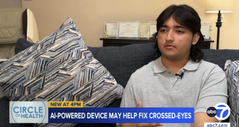 Oxford Academy eighth-grader Aaryan Balani explains how his AI-powered invention helps treat people with intermittent strabismus. (Courtesy of ABC7)