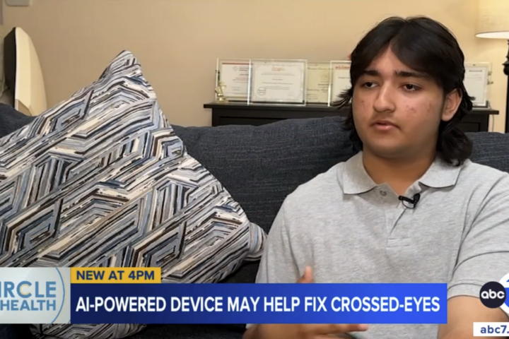 Oxford Academy eighth-grader Aaryan Balani explains how his AI-powered invention helps treat people with intermittent strabismus. (Courtesy of ABC7)
