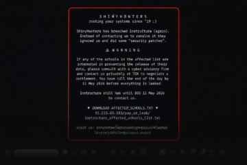Computer screen displaying a warning message attributed to “ShinyHunters” claiming responsibility for a cybersecurity breach involving the Canvas learning management platform.