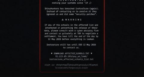 Computer screen displaying a warning message attributed to “ShinyHunters” claiming responsibility for a cybersecurity breach involving the Canvas learning management platform.
