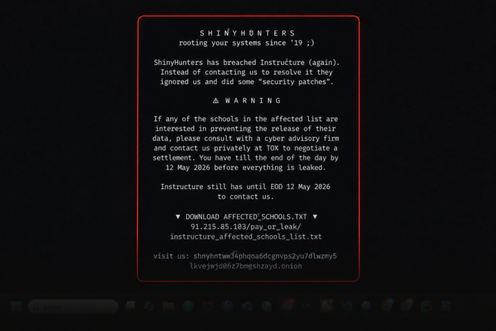 Computer screen displaying a warning message attributed to “ShinyHunters” claiming responsibility for a cybersecurity breach involving the Canvas learning management platform.