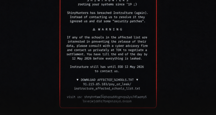 Computer screen displaying a warning message attributed to “ShinyHunters” claiming responsibility for a cybersecurity breach involving the Canvas learning management platform.
