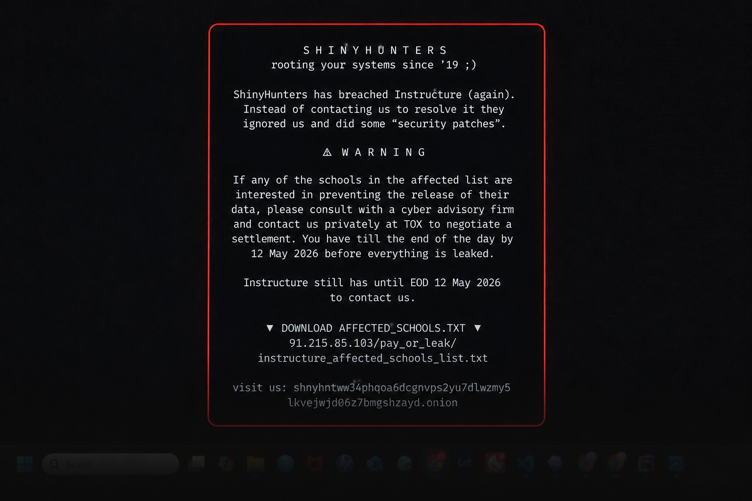 Computer screen displaying a warning message attributed to “ShinyHunters” claiming responsibility for a cybersecurity breach involving the Canvas learning management platform.