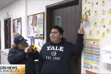 Middle College High senior Manny Mejia celebrates his Yale acceptance with family and his teachers. (Courtesy of CBS LA)