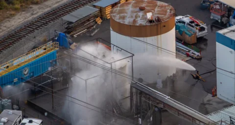 An aerial view shows emergency crews cooling a large industrial storage tank with water at the site of the Garden Grove chemical leak as mist rises from the facility.