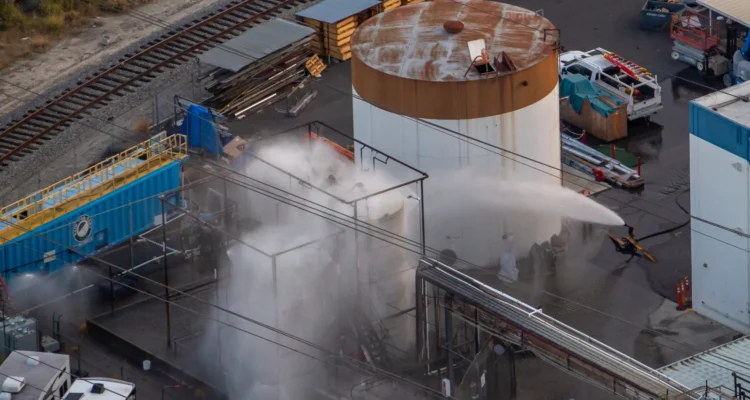 An aerial view shows emergency crews cooling a large industrial storage tank with water at the site of the Garden Grove chemical leak as mist rises from the facility.