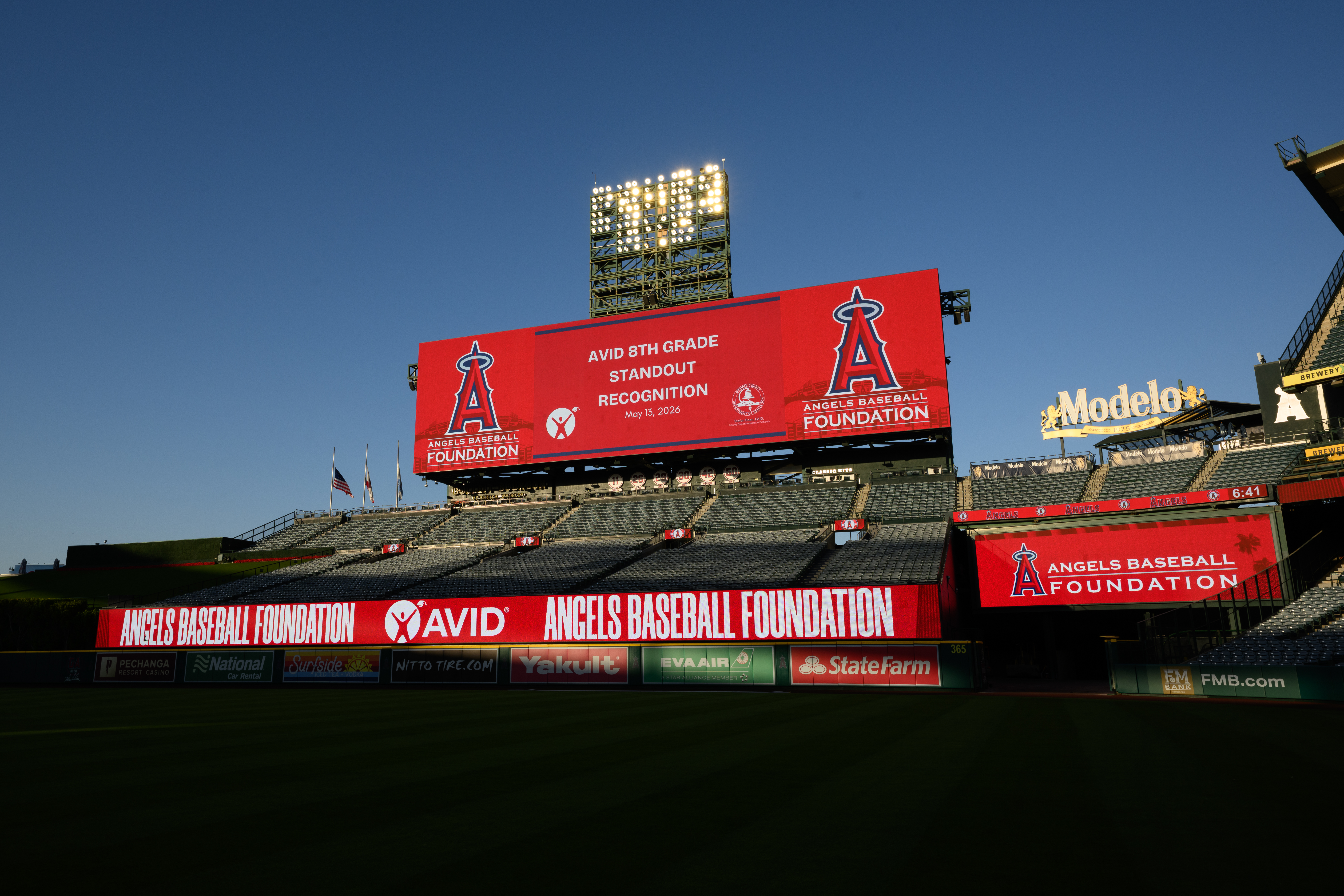 The video board at Angel Stadium displays the AVID 8th Grade Standout Recognition ceremony held May 13, in partnership with the Orange County Department of Education and the Angels Baseball Foundation.