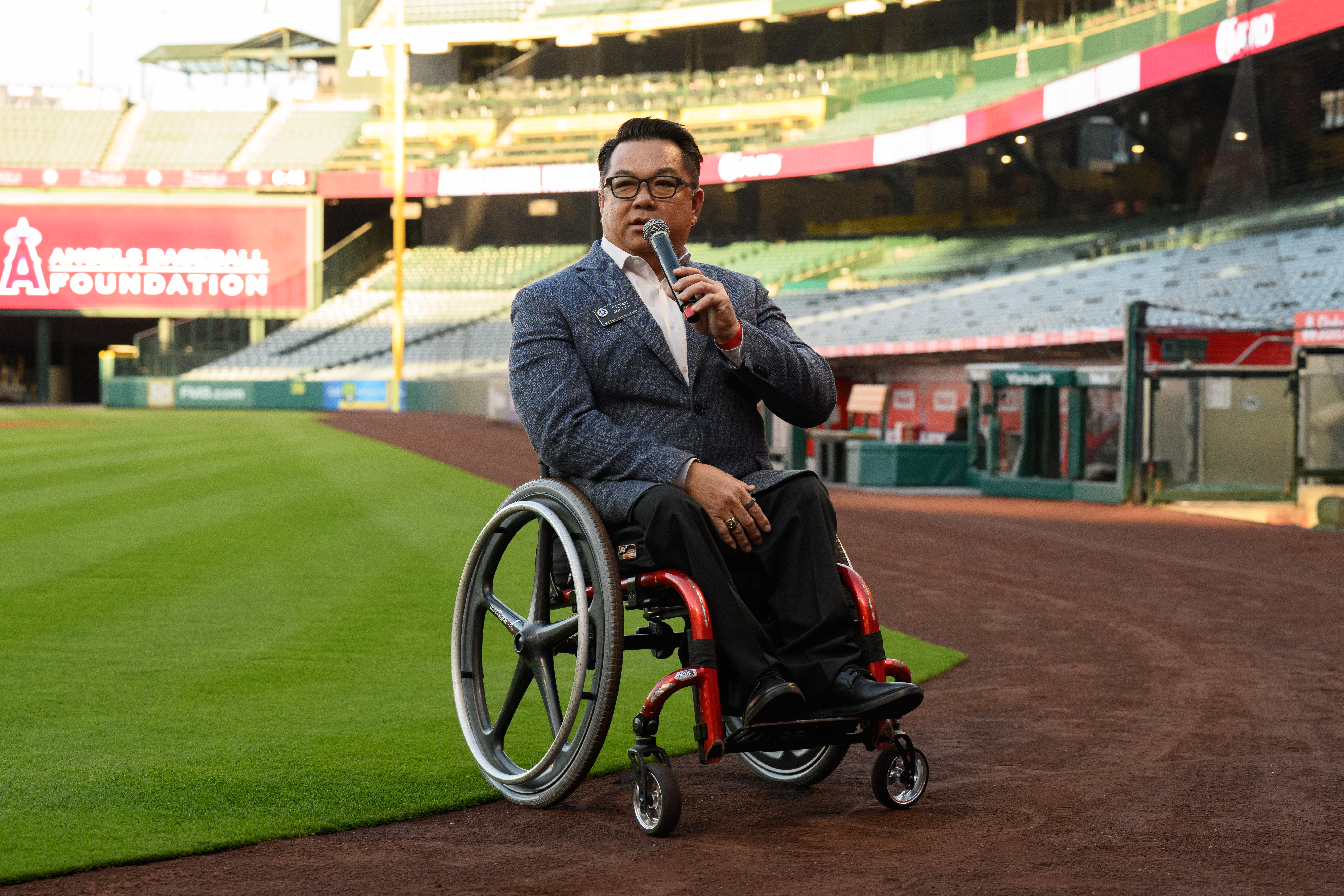 Orange County Superintendent of Schools Dr. Stefan Bean delivers remarks during the 2026 AVID 8th Grade Standout Recognition ceremony at Angel Stadium.