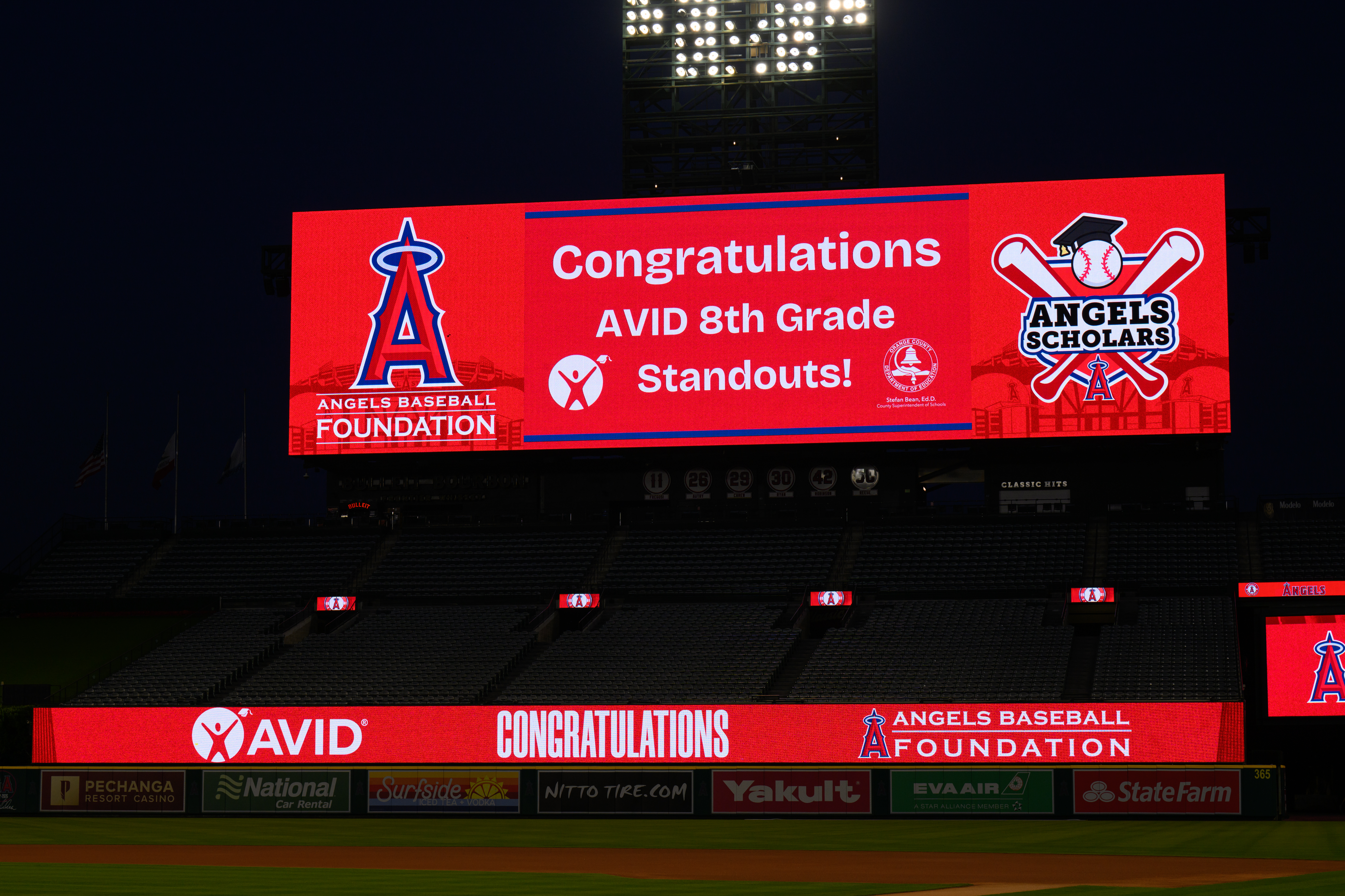 A congratulatory message for AVID 8th Grade Standouts is displayed on the video board at Angel Stadium during the May 13 recognition ceremony.