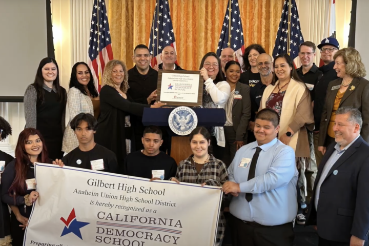 Gilbert Continuation High School students and staff celebrate after the school was recognized as a California Democracy School, an honor that recognizes campuses for preparing students to become informed and engaged civic participants.