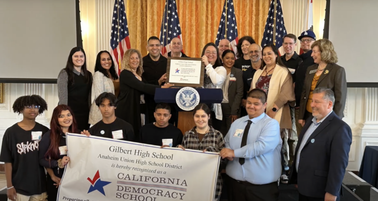 Gilbert Continuation High School students and staff celebrate after the school was recognized as a California Democracy School, an honor that recognizes campuses for preparing students to become informed and engaged civic participants.