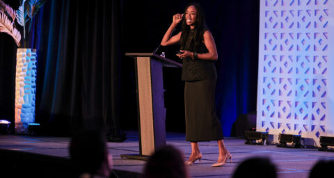 Dr. Nadine Burke Harris, California's first surgeon general, delivers the keynote address during the California Multi-Tiered System of Supports Professional Learning Institute on July 14 in Anaheim. Burke Harris spoke about the role of nurturing relationships and coordinated systems in supporting children's health, resilience and learning.