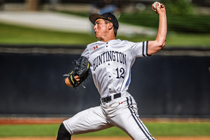 Jared Grindlinger pitching in a game for Huntington Beach High School against Marina High School