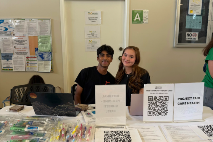 Orange County rising juniors Akshay Sharma and Sophie Martin help facilitate a healthcare fair for those in need in the OC community. (Photo courtesy of Project FairCare Health)