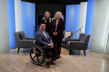 Orange County Superintendent of Schools Dr. Stefan Bean, left, Orange County Probation Chief Jessica Johnson and Lainie Rowell pose in the OCDE Studio following the recording of an episode of FutureCurrent.
