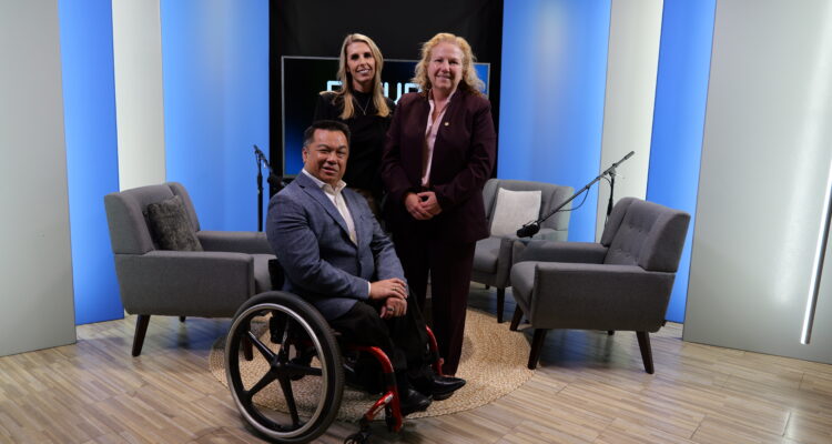 Orange County Superintendent of Schools Dr. Stefan Bean, left, Orange County Probation Chief Jessica Johnson and Lainie Rowell pose in the OCDE Studio following the recording of an episode of FutureCurrent.