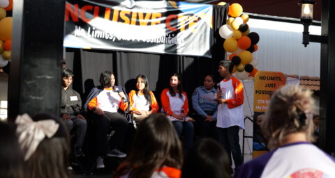 Sophia Le and Rylee Robles speak on a student panel at the 2025 OC Pathways Showcase.