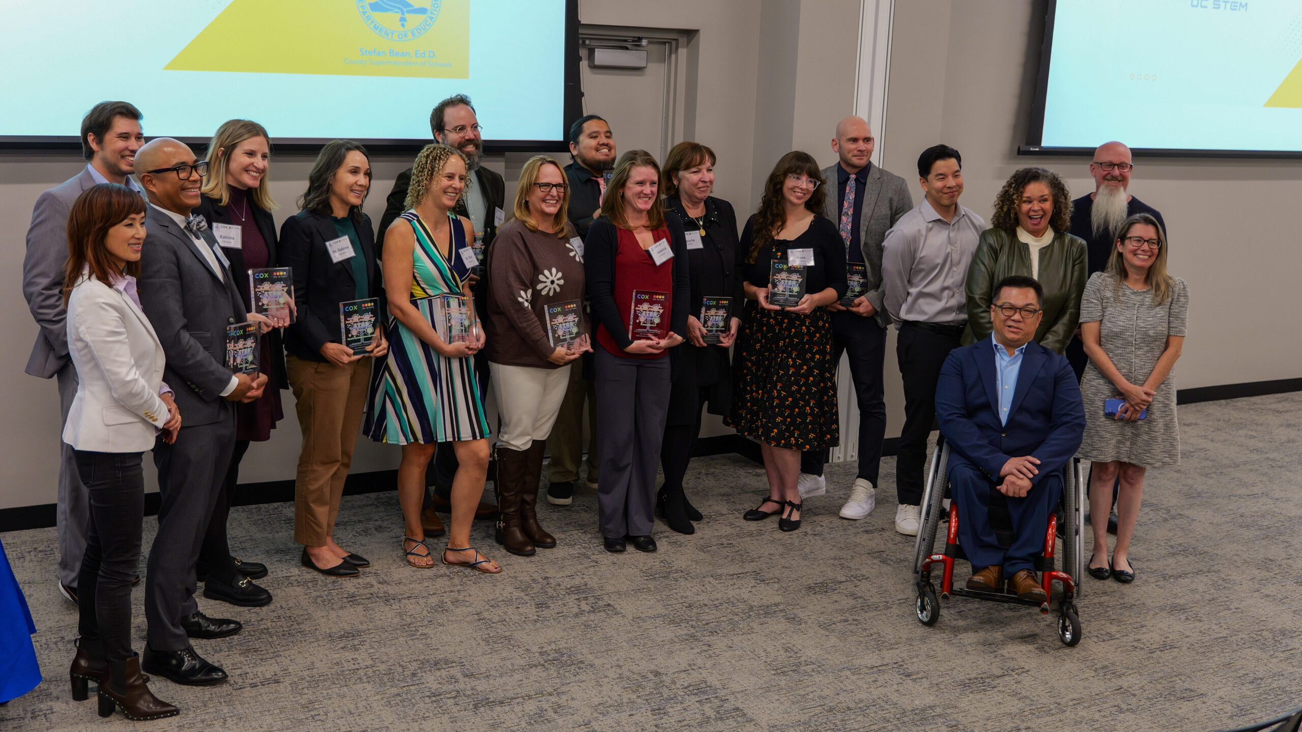 Recipients of the 2025 Outstanding STEM Educator Awards gather for a group photo following last year's awards celebration at the Orange County Department of Education Conference Center in Costa Mesa.
