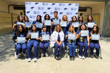 Students in the inaugural Certified Nursing Assistant cohort celebrate completing the tuition-free program offered through a partnership between Orange Unified School District and Santiago Canyon College. Participants completed coursework and hands-on clinical training while still enrolled in high school.