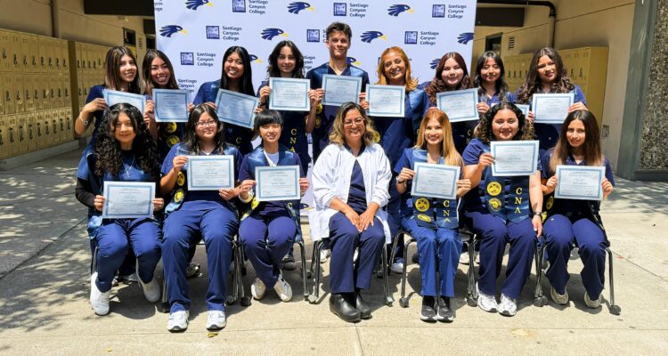 Students in the inaugural Certified Nursing Assistant cohort celebrate completing the tuition-free program offered through a partnership between Orange Unified School District and Santiago Canyon College. Participants completed coursework and hands-on clinical training while still enrolled in high school.