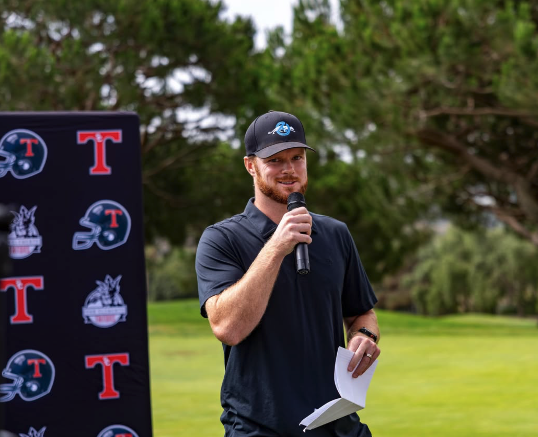 Sam Darnold speaking at the Triton Hall of Fame Golf Tournament at the Talega Golf Course in San Clemente.